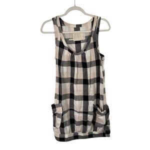 Black White Ginham Plaid Dress Linen Blend Lagenlook Coastal Beachy Womens 8